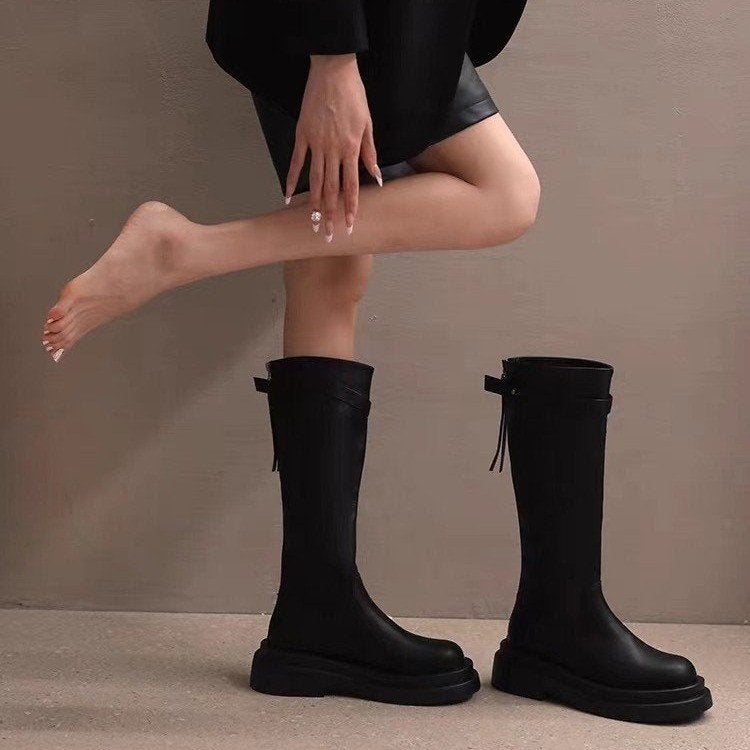 French Style Boots For Women 2023 Autumn New Fashion All-Match Retro Western Style Thick-Soled Knee Thin Boots Fashion - Image 3