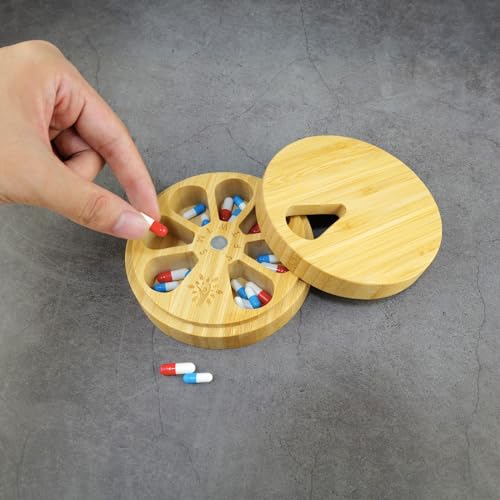 CHIEMOT Bamboo Wood Weekly Pill Organizer for Medicine Vitamin Supplement, Arthritis Friendly 7-Day Pill Box Medium Container Holder, Daily Portable Travel Pill Case Keeper Dispenser - Image 4