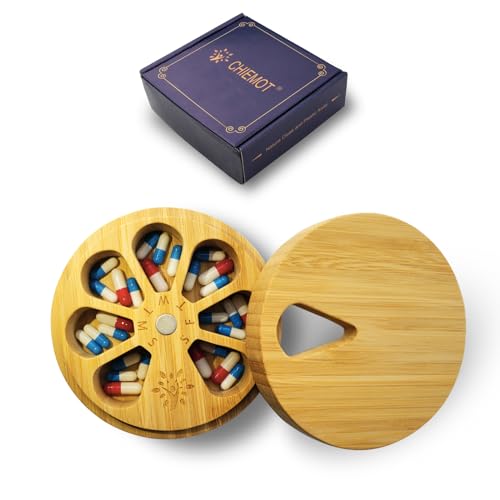 CHIEMOT Bamboo Wood Weekly Pill Organizer for Medicine Vitamin Supplement, Arthritis Friendly 7-Day Pill Box Medium Container Holder, Daily Portable Travel Pill Case Keeper Dispenser - Image 1