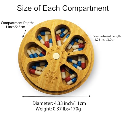 CHIEMOT Bamboo Wood Weekly Pill Organizer for Medicine Vitamin Supplement, Arthritis Friendly 7-Day Pill Box Medium Container Holder, Daily Portable Travel Pill Case Keeper Dispenser - Image 5