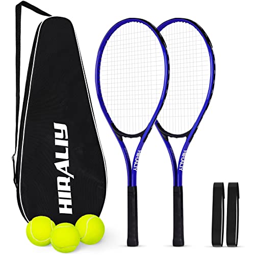 HIRALIY 27 Tennis Rackets Set for Adults 2 Player PreStrung Tennis Racquets 2 Overgrip Tapes3 Balls and 3 Carrying Bag Outdoor Recreational Sport for Beginner Blue