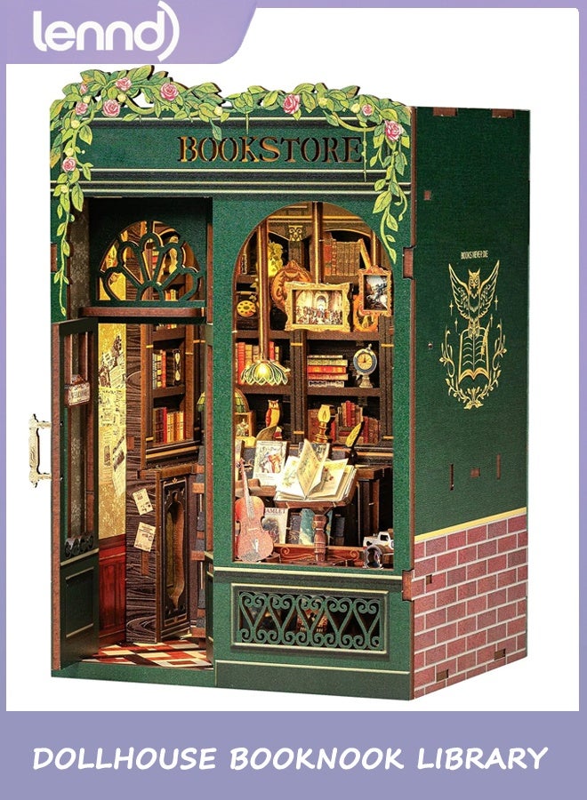 LENND Book Nook Kit - DIY Miniature House Kit for Adults, Teens and Beginners, Doll house Library Tiny House Bookshelf Decor 3D Wooden Puzzle, Gifts for Family, Friends (Owl Bookstore) - Image 1