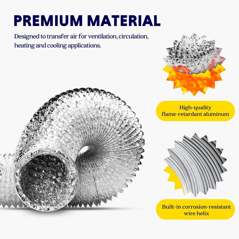 iPower GLDUCT4X8CX2V1 2-Pack 4 Inch 8 Feet Non-Insulated Flex Air Ducting Aluminum Dryer Vent Hose for HVAC Ventilation, 4'' X 8'-2 Pack, 4 Stainless Steel Clamps Included - Image 3