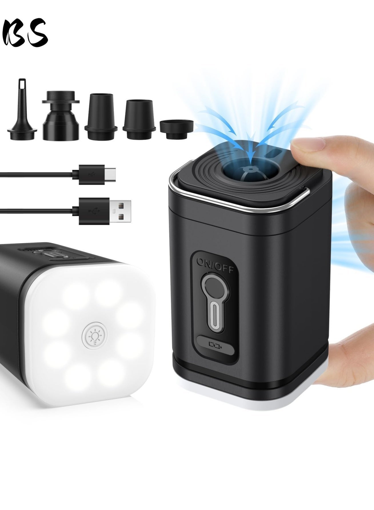 Emergency Air Pump|Mini Portable Camping Air Pump with Tri-Color Light and Five Nozzles | Electric Air Pump | Powered by a 2400mAh High-Capacity Battery | Suitable for Various Inflatable Devices | Type-C Rechargeable Air Pump | Equipped with a 410LM LED Light | Suitable for Camping Air Mattresses, Vacuum Packing Bags, and Swimming Rings.