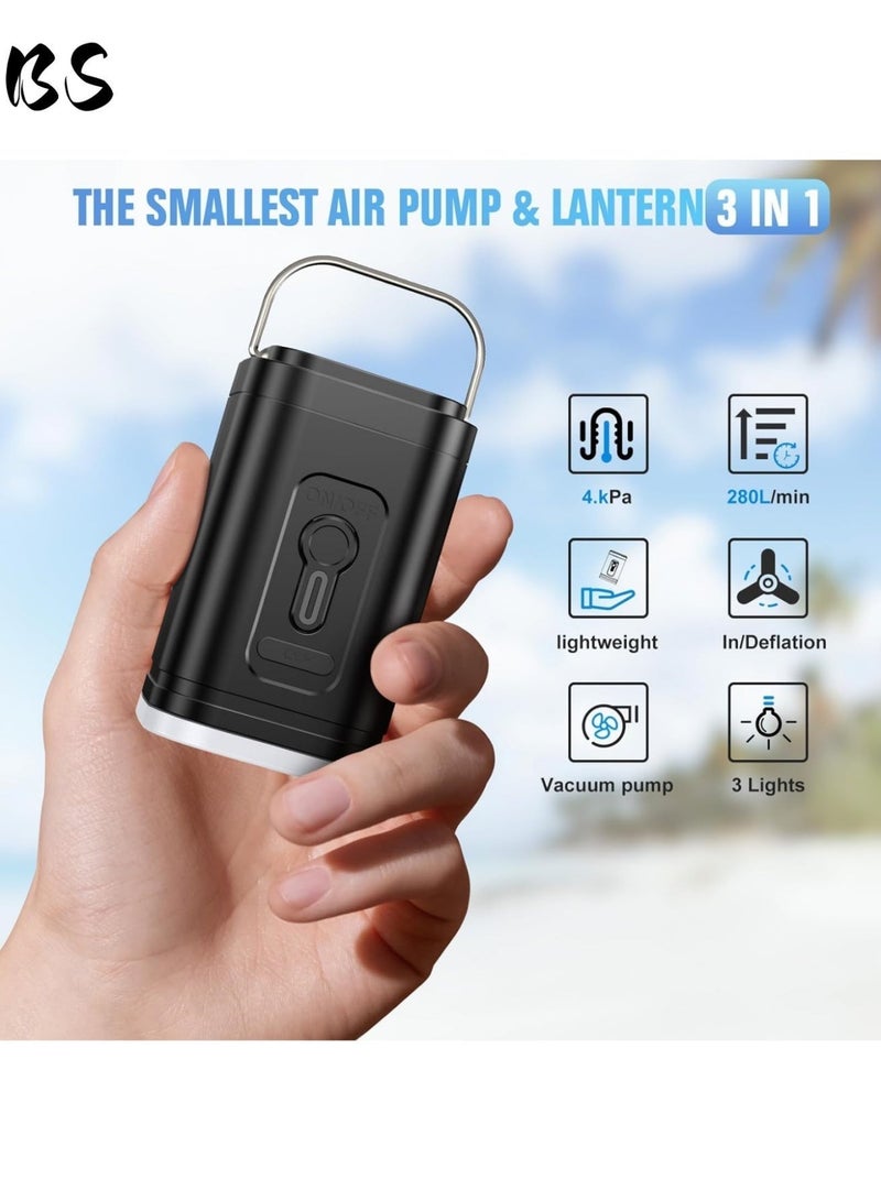 بي إس مضخة هواء صغيرة محمولة للتخييم مع ضوء ثلاثي الألوان وخمس فوهات | مضخة هواء كهربائية | تعمل ببطارية عالية السعة 2400 مللي أمبير في الساعة | مناسبة للأجهزة القابلة للنفخ المختلفة | مضخة هواء قابلة لإعادة الشحن من النوع C | مزودة بضوء LED 410 لومن | مناسبة لمراتب الهواء للتخييم وأكياس التعبئة المفرغة من الهواء وحلقات السباحة. - Image 3