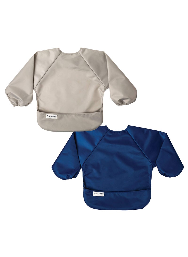 Tiny Twinkle Tiny Twinkle Mess Proof Baby Bib, 2 Pack Long Sleeve Bib Outfit, Waterproof Bibs for Toddlers, Machine Washable, Tug Proof (Grey Indigo, Small 6-24 Months)  - Image 1