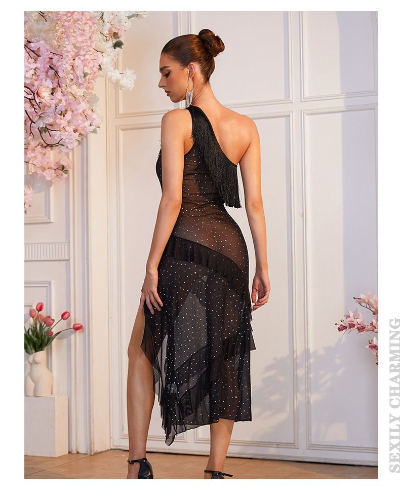 CME Elegant One-Shoulder Rhinestone Long Dress with Irregular Ruffle Hem for Women - Image 2
