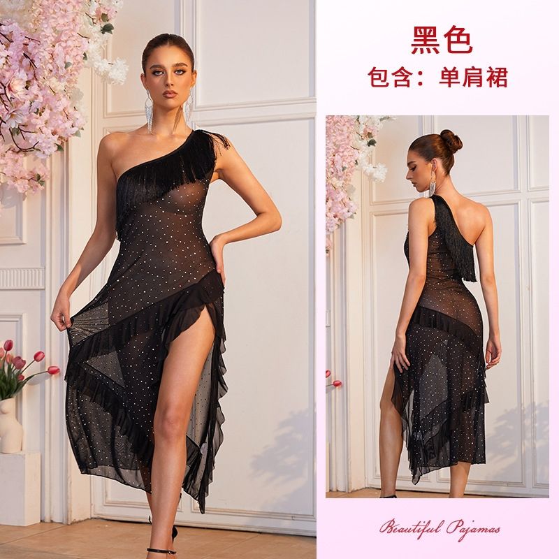 CME Elegant One-Shoulder Rhinestone Long Dress with Irregular Ruffle Hem for Women - Image 3