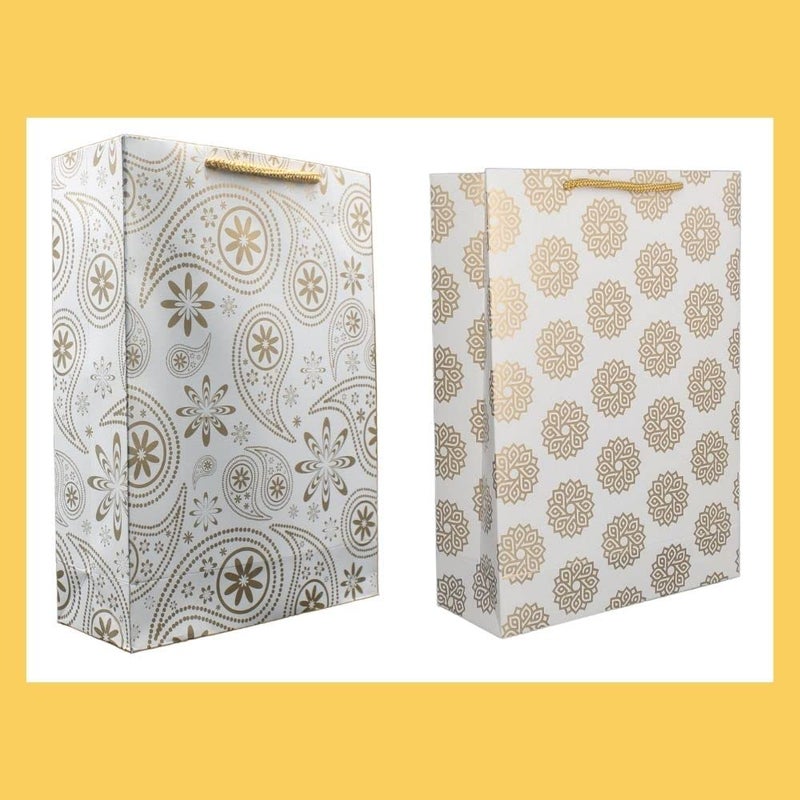 TASCHE TASCHE Gold Mehendi and Gold Chakras Design Printed Assorted Gift Paper Bags Gift Bags for Return gifts and Birthday Holliday presents 11 8 3 Inches Pack of 10 