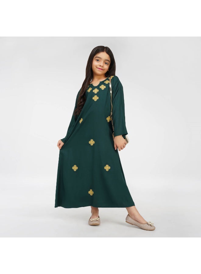 Linelle Kids Jalabiya  with Scalloped V-Neck and Floral Embellishments - Image 2