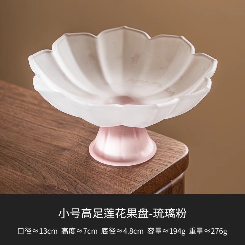 Elegant Lotus Fruit Dish High Leg Snack Tray Pink 08 small tall lotus fruit plate_glass powder [13cm] 