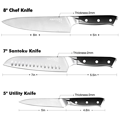 Topfeel Professional Chef Knife Set Sharp Knife, German High Carbon Stainless Steel Kitchen Knife Set 3 PCS-8" Chefs Knife &7" Santoku Knife&5" Utility Knife, Knives Set for Kitchen - Image 5