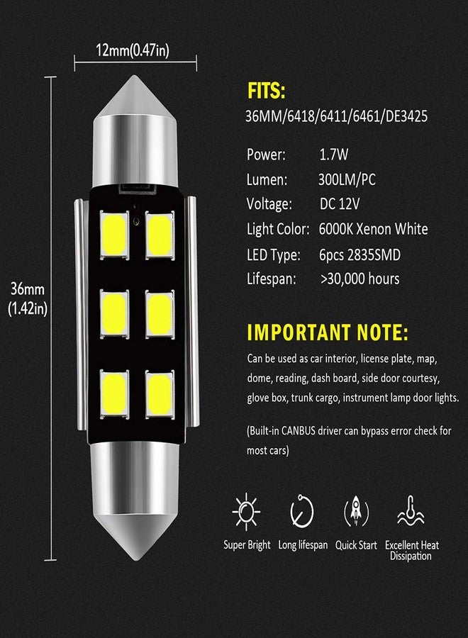AUXLIGHT مصابيح إضاءة داخلية LED من AUXLIGHT 6418 6411 DE3425 C5W DE3423 مقاس 36 مم (1.42 بوصة) بتقنية Canbus خالية من الأخطاء، لون أبيض زينون 6000 كلفن، رقائق 6SMD فائقة السطوع لإضاءة القبة، وإضاءة الخرائط، وإضاءة الأبواب، وإضاءة لوحة الترخيص (عبوة من 6 مصابيح). - Image 3
