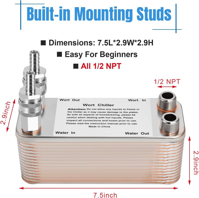 Ferroday Wort Chiller, 30 Plate 1/2 NPT Plate wort Chiller, Stainless Steel Brazed Plate Heat Exchanger, 1/2 Thread Wort Cooler for Homebrew - 7.3" x 2.8" - Image 4