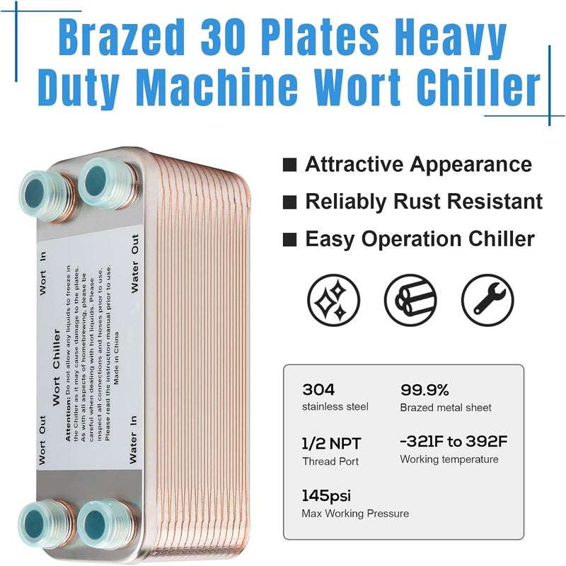 Ferroday Wort Chiller, 30 Plate 1/2 NPT Plate wort Chiller, Stainless Steel Brazed Plate Heat Exchanger, 1/2 Thread Wort Cooler for Homebrew - 7.3" x 2.8" - Image 3