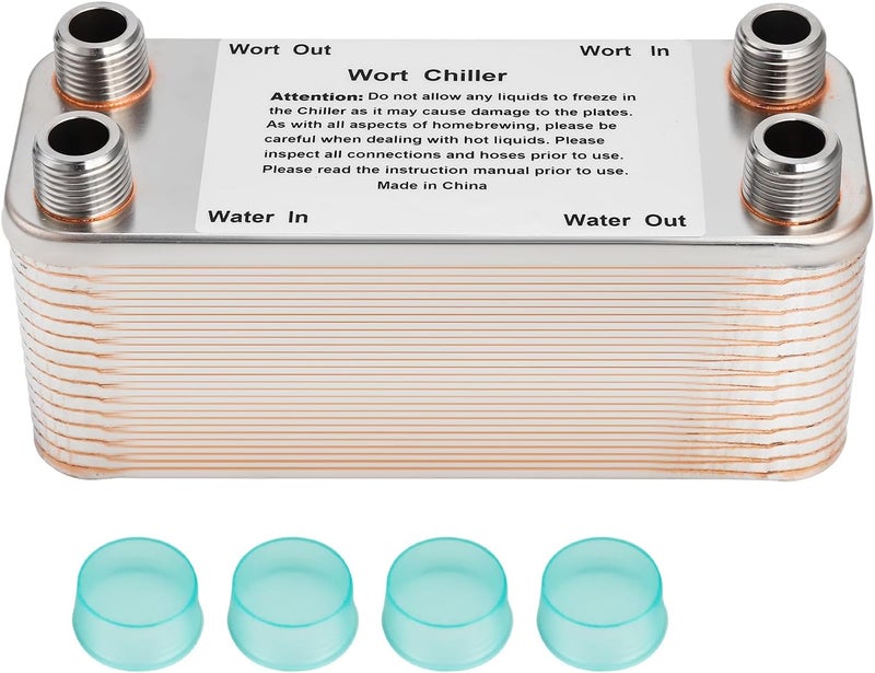 Ferroday Wort Chiller, 30 Plate 1/2 NPT Plate wort Chiller, Stainless Steel Brazed Plate Heat Exchanger, 1/2 Thread Wort Cooler for Homebrew - 7.3" x 2.8" - Image 1