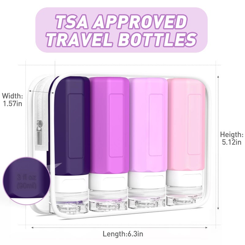 Redfly Travel Bottles for Toiletries, Tsa Approved 3oz Travel Size Containers, Leak Proof Travel Size Toiletries Bottles Silicone, BPA Free Refillable Essentials for Shampoo Conditioners, Purple - Image 5