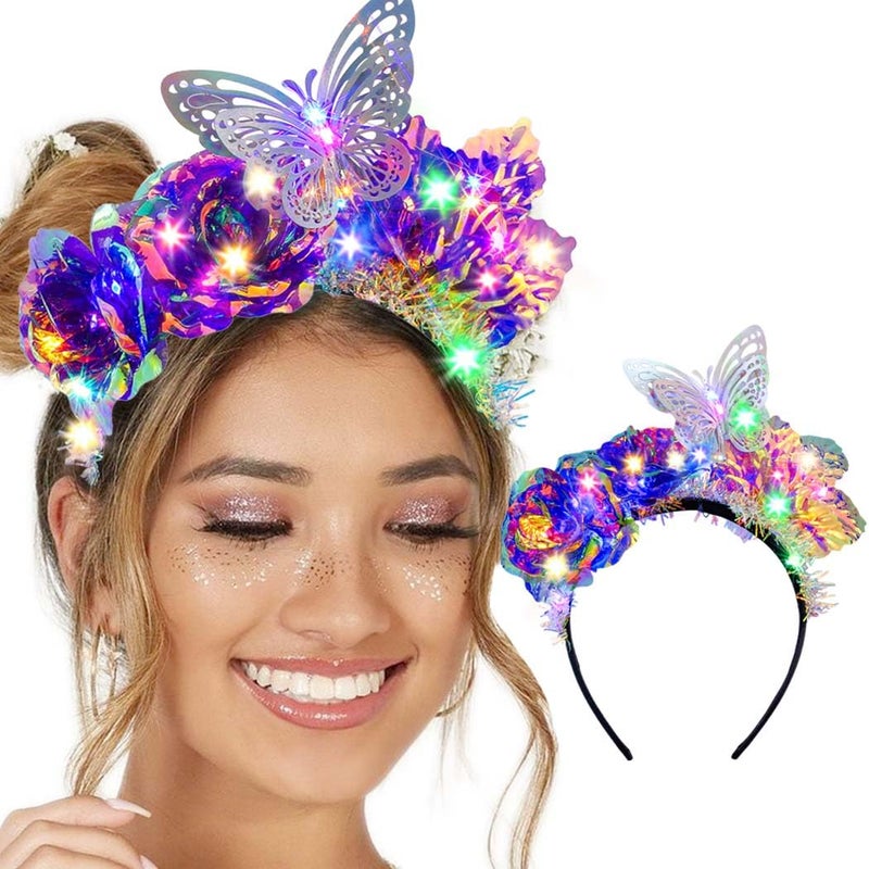 Light Up Flower Headbands Big Butterfly Laser Rave Hairbands Leaf Headpiece LED Women Headbands