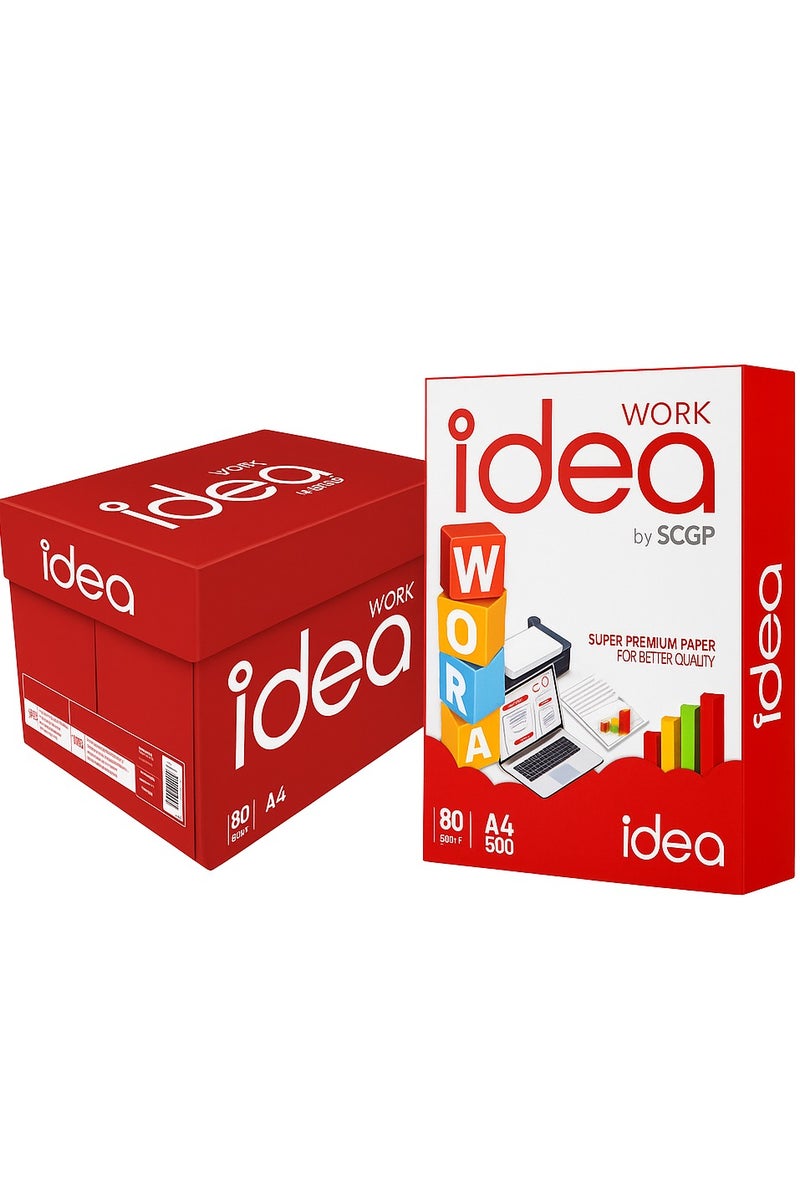 IDEA Work A4 Copy Paper  80 GSM, 5 Reams x 500 Sheets, Total 2500 Sheets  Super-White, Jam-Free, Made in Thailand - Image 1