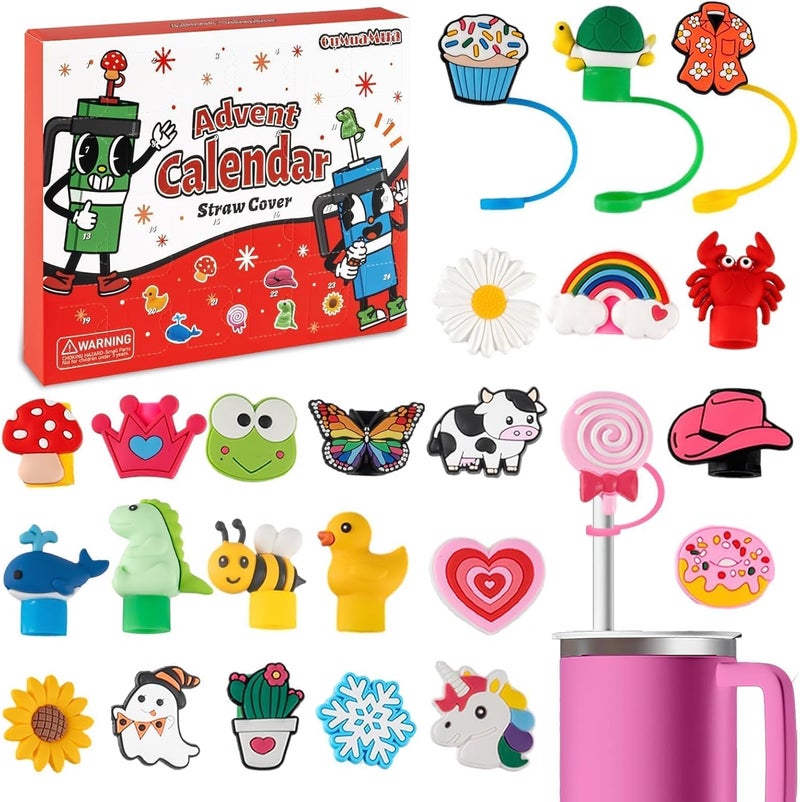 OuMuaMua Straw Cover Advent Calendar 2025  Straw Topper Advent Calendar 24 Days Silicone Straw Caps Lids Protectors 10 mm for 30  40 Oz Cups Tumblers Kids Adults Teens  - Image 1