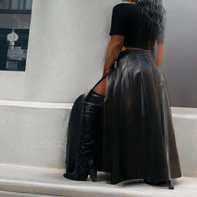 PU Leather Skirt Midi Irregular High Slit A-Line Bodycon - Image 5