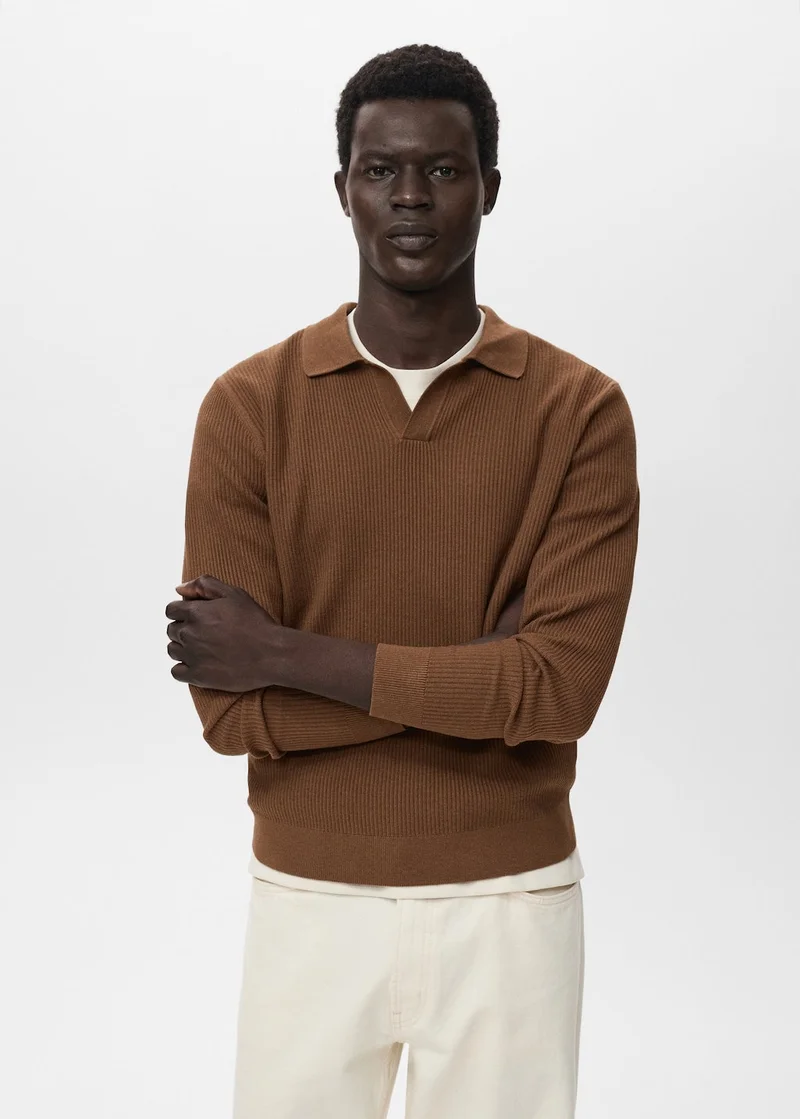 Mango Man Cotton-blend ribbed polo sweater