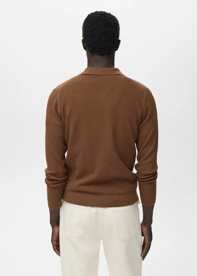 Mango Man Cotton-blend ribbed polo sweater