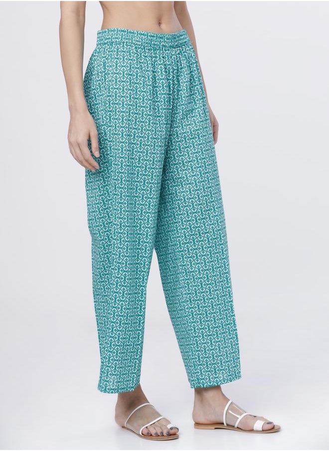 Vishudh - Women Printed Cotton Kurta Set with Palazzos - Sea Green & White by Styli - Image 1
