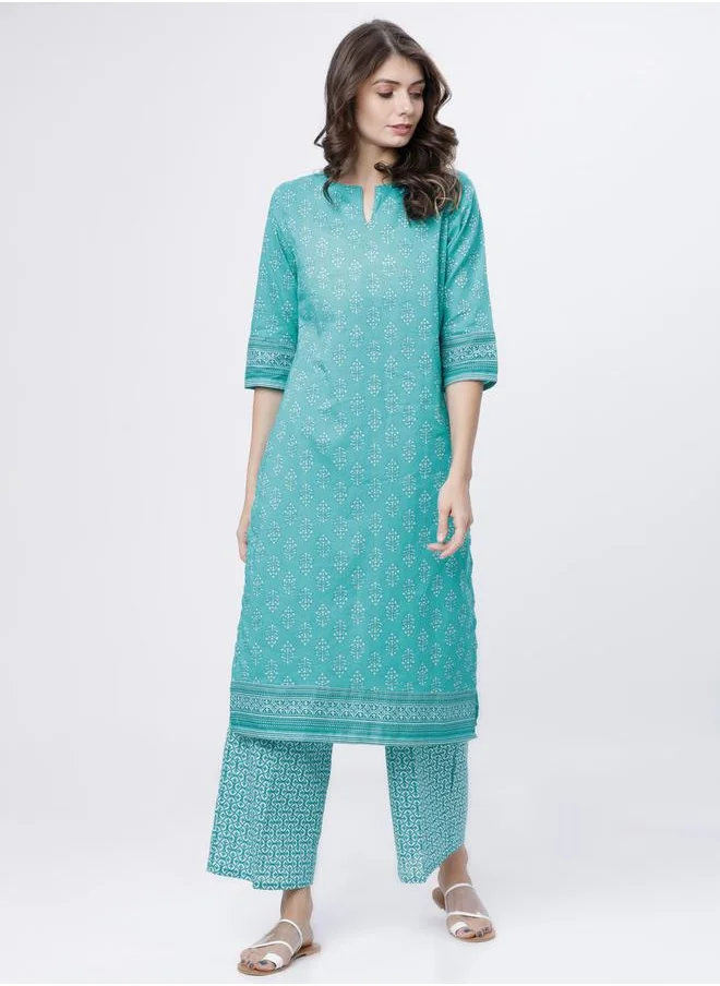 فيشود Women Printed Cotton Kurta Set with Palazzos - Sea Green & White by Styli