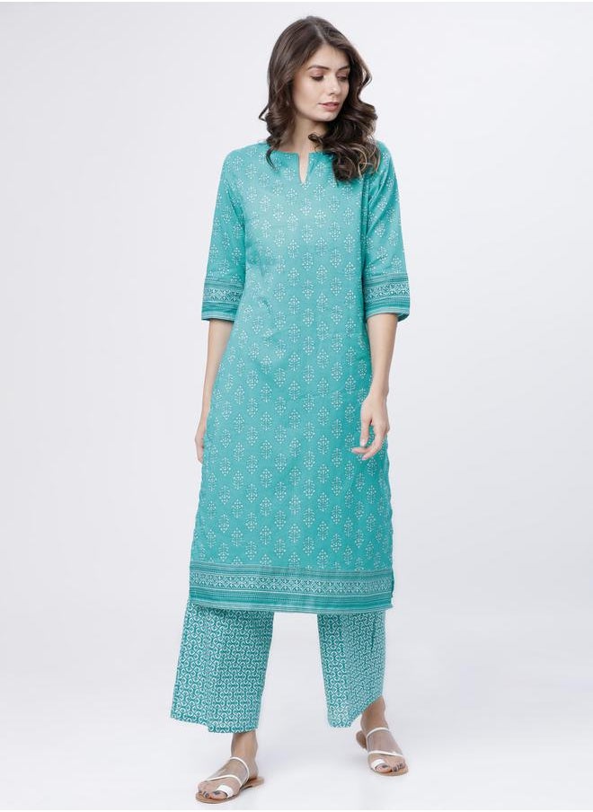 Vishudh - Women Printed Cotton Kurta Set with Palazzos - Sea Green & White by Styli - Image 1