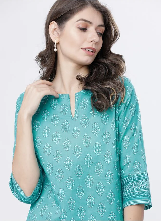 فيشود Women Printed Cotton Kurta Set with Palazzos - Sea Green & White by Styli