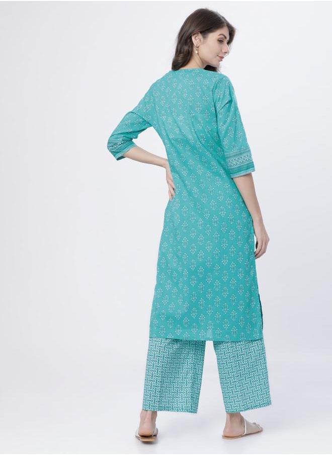 Vishudh - Women Printed Cotton Kurta Set with Palazzos - Sea Green & White by Styli - Image 1