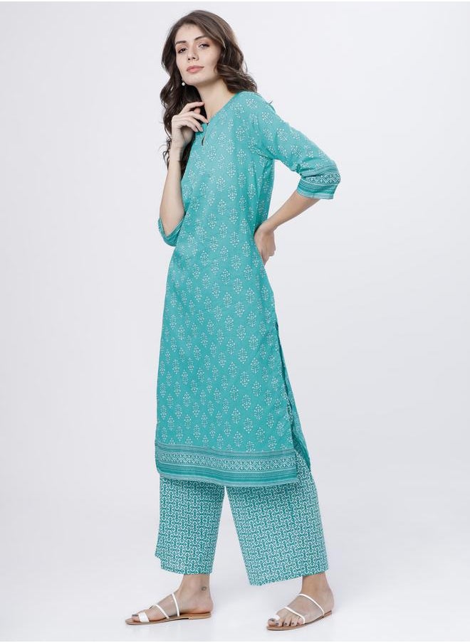 Vishudh - Women Printed Cotton Kurta Set with Palazzos - Sea Green & White by Styli - Image 1