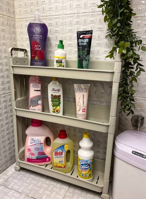 Turbo Organizer 3 Tier Shelves for Kitchen and Bathroom, Plastic White and Beige,Tower Vertical Shelves Space Saving for Organizing and Storing Kitchen and Bathroom Supplies,Movable with Wheels