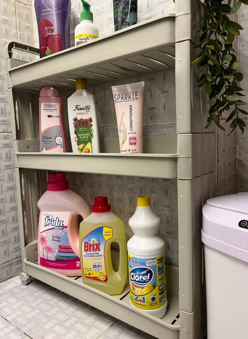 Turbo Organizer 3 Tier Shelves for Kitchen and Bathroom, Plastic White and Beige,Tower Vertical Shelves Space Saving for Organizing and Storing Kitchen and Bathroom Supplies,Movable with Wheels - Image 3