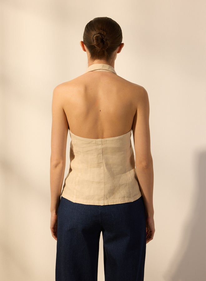 trendyol Beige 100% Linen Pocket Detailed Halter Neck Vest - Image 4