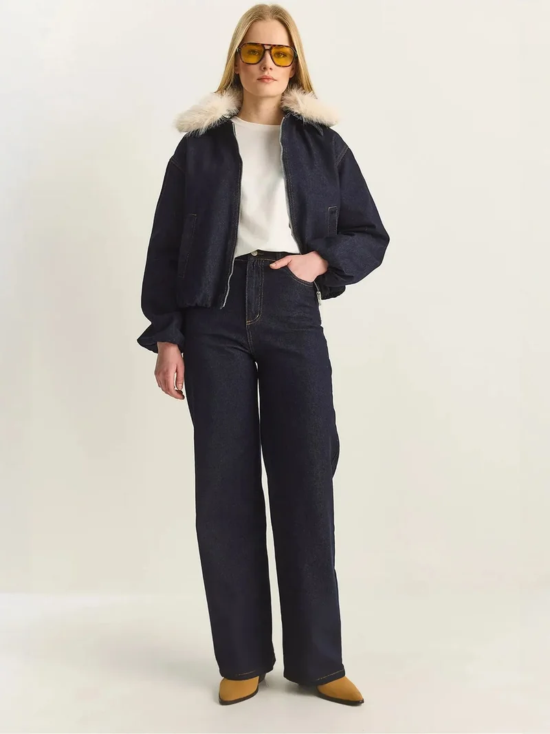 Bianco Lucci LUCCI Crop Denim Jacket with Faux Fur Detail