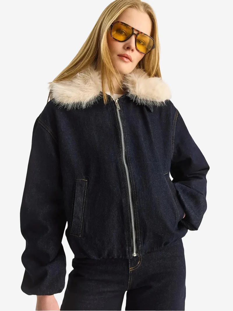 Bianco Lucci LUCCI Crop Denim Jacket with Faux Fur Detail