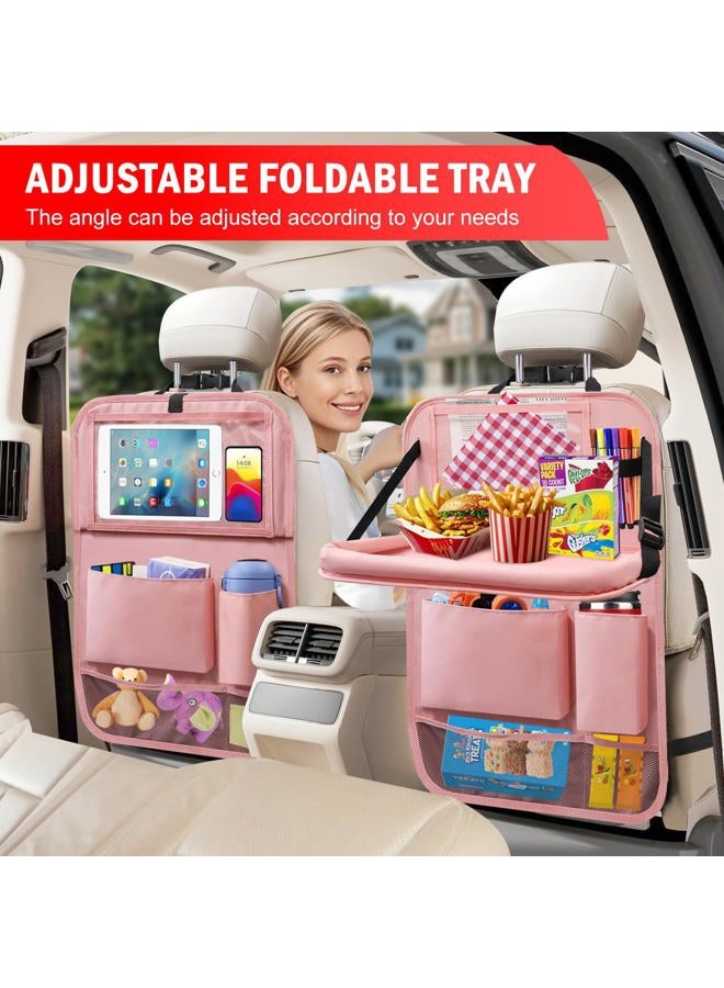 Zecirl 2Pack Car Backseat Organizer with Foldable Table Tray,6 Storage Pockets Car Storage Organizer with Tablet Holder,Car Seat Back Protectors Kick Mats Travel Accessories (Pink) - Image 2