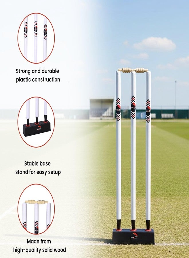 BOXCO Cricket Stump Set | 3 Wooden Wickets with 2 Bails, Stand & Protective Cover | Regular Size - Image 2