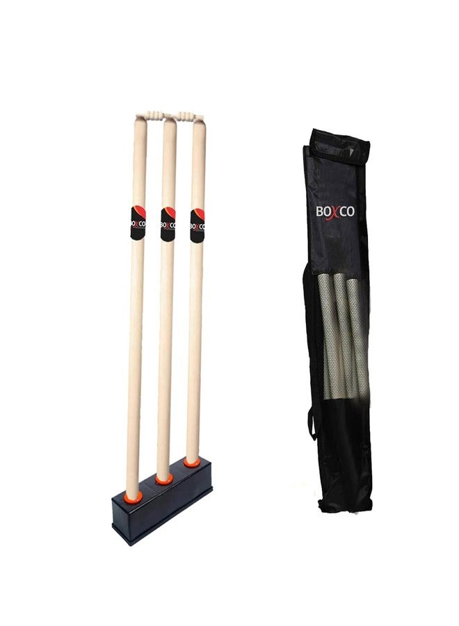 BOXCO Cricket Stump Set | 3 Wooden Wickets with 2 Bails, Stand & Protective Cover | Regular Size - Image 1
