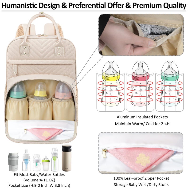 Tenot Diaper Bag Backpack Tote for Women Large Capacity, Baby Bag with Insulated Pockets Multifunctional Diaper Bags For Baby Girl Boy Waterproof Baby Bags For Boys Girls Maternity Bag Beige - Image 2