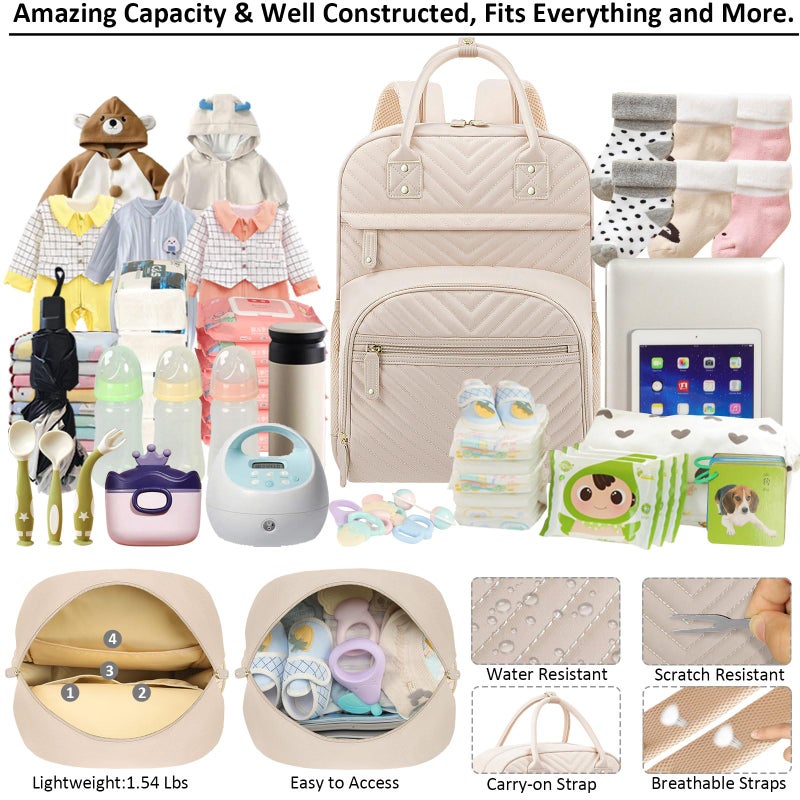 Tenot Diaper Bag Backpack Tote for Women Large Capacity, Baby Bag with Insulated Pockets Multifunctional Diaper Bags For Baby Girl Boy Waterproof Baby Bags For Boys Girls Maternity Bag Beige - Image 3