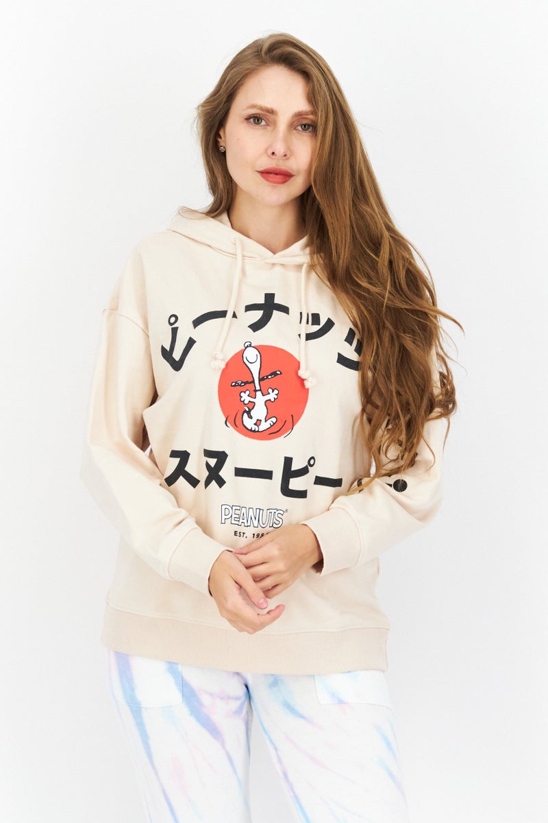 Peanuts سويت شيرت نسائي بحجم كبير بغطاء رأس وأكمام طويلة بطباعة جرافيك، بيج - Image 1