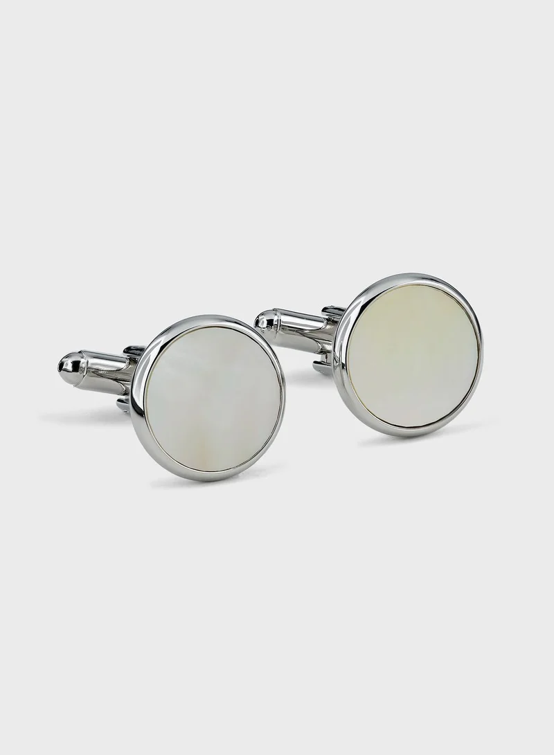 Robert Wood Round Shell Detail Cufflink In Giftbox