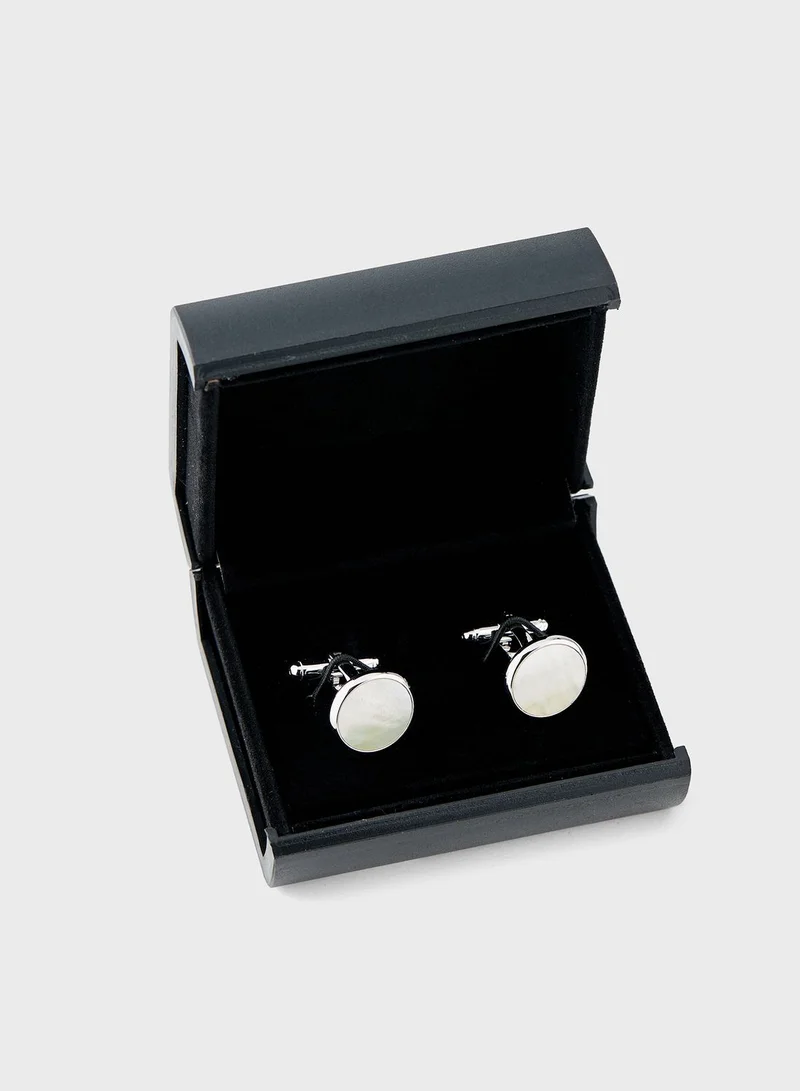 Robert Wood Round Shell Detail Cufflink In Giftbox