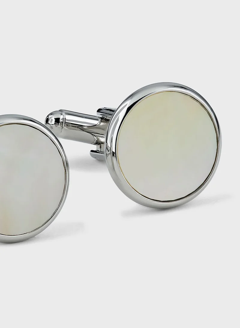 Robert Wood Round Shell Detail Cufflink In Giftbox