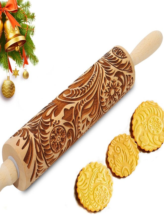 Big Role Embossed Rolling Pin for Baking Cookies Christmas Embossing Rolling Pins with Design Wooden Engraved Springerle Roller Pin Dough Patterned Clay Pottery Ceramic Bakers Women (Flower Snowflake Paisley) - Image 1