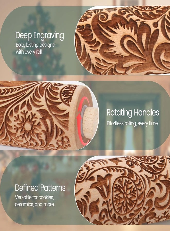 Big Role Embossed Rolling Pin for Baking Cookies Christmas Embossing Rolling Pins with Design Wooden Engraved Springerle Roller Pin Dough Patterned Clay Pottery Ceramic Bakers Women (Flower Snowflake Paisley) - Image 3