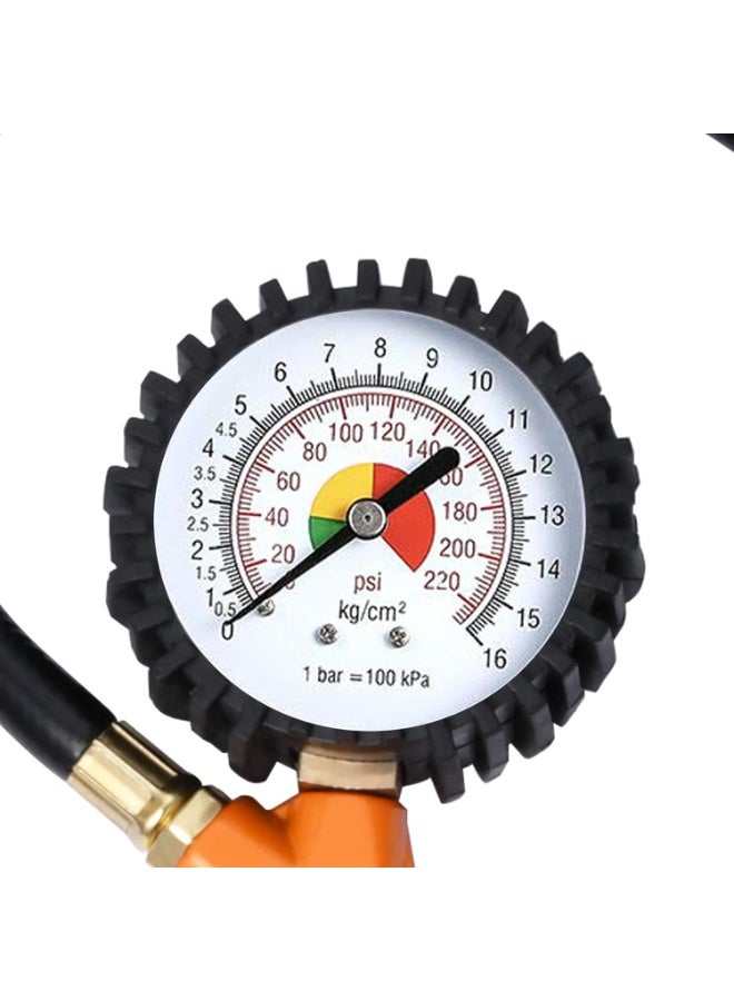 وي هاند مقياس ضغط الإطارات مع منفاخ وخرطوم وقابس توصيل سريع – مدى 0-220 PSI – أداة نفخ وتفريغ وقياس – هيكل معدني – لون برتقالي - Image 3